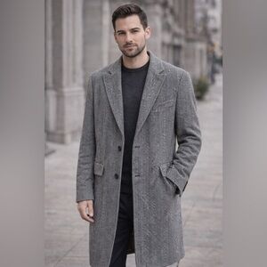 Gianni Feraud Herringbone Wool Blend Overcoat Men’s Medium Gray Long Coat